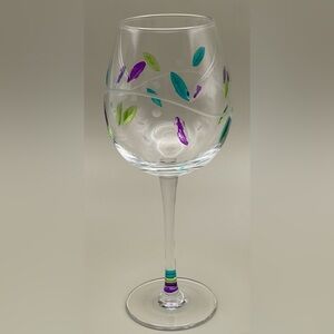 Hand Painted Wine Glass Feather Design Artisan Stemware with Paint Wear